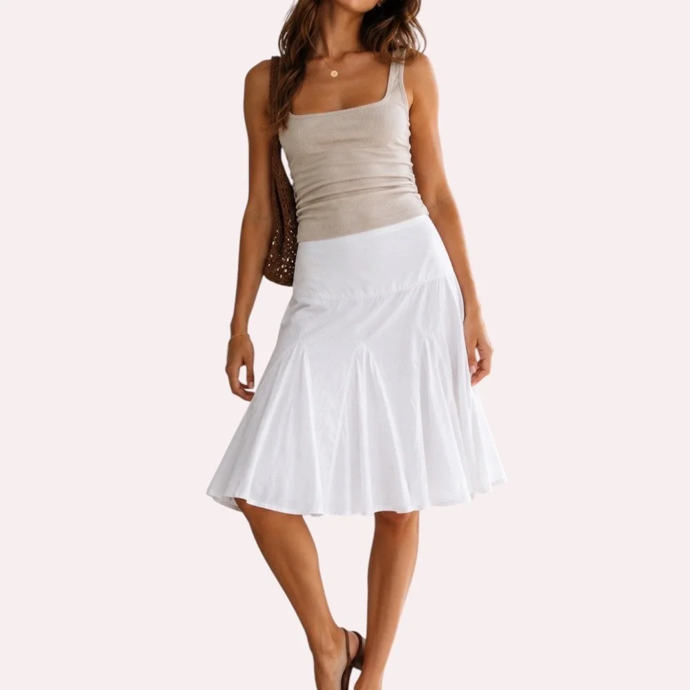 a.n.a Pleated Flare Skirt Sz 8 White Cotton Godet Poplin Boho Knee Length Lined
